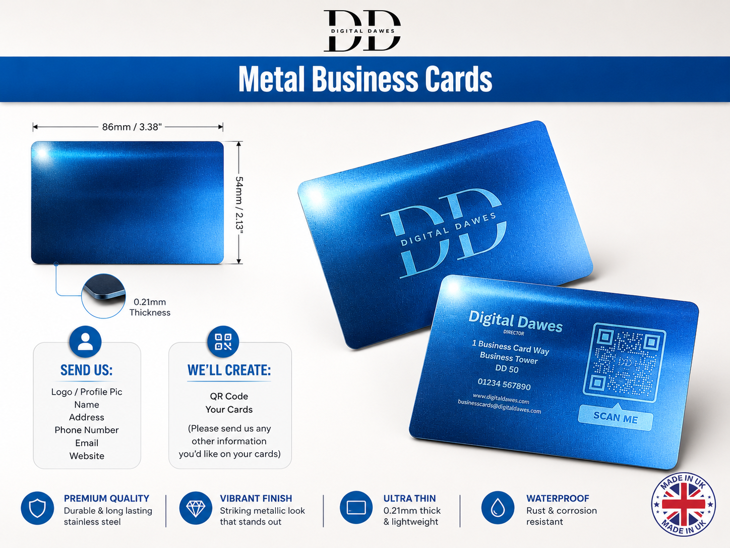 Blue metallic Digital Dawes business cards with engraving, QR code and size details