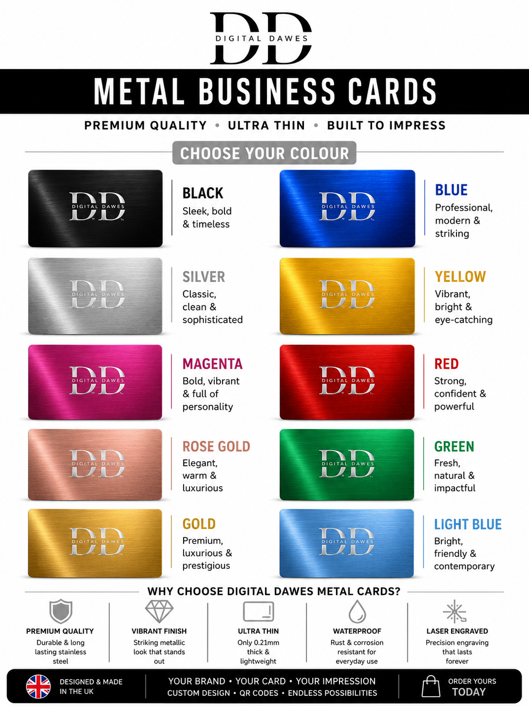 Digital Dawes metal card colour guide: black, silver, magenta, rose gold, gold, blue, yellow, red, green and light blue