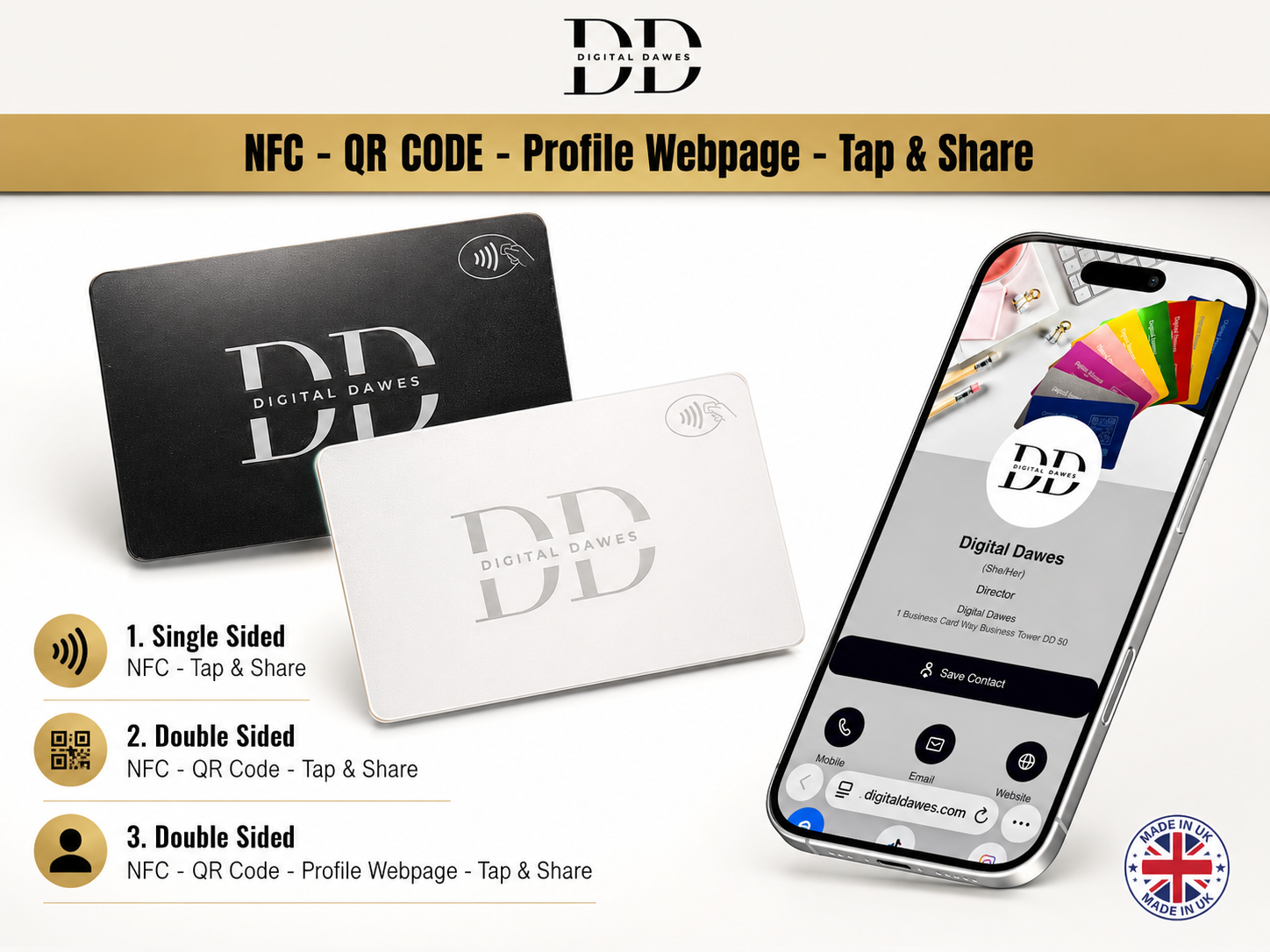 Digital Dawes black and white NFC cards with QR code and optional profile webpage options